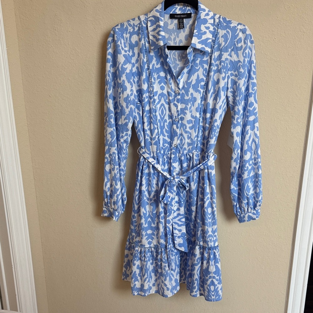 NWT $129 Ellen Tracy Long Sleeve Blue and White ruffle shirt Dress sz XS